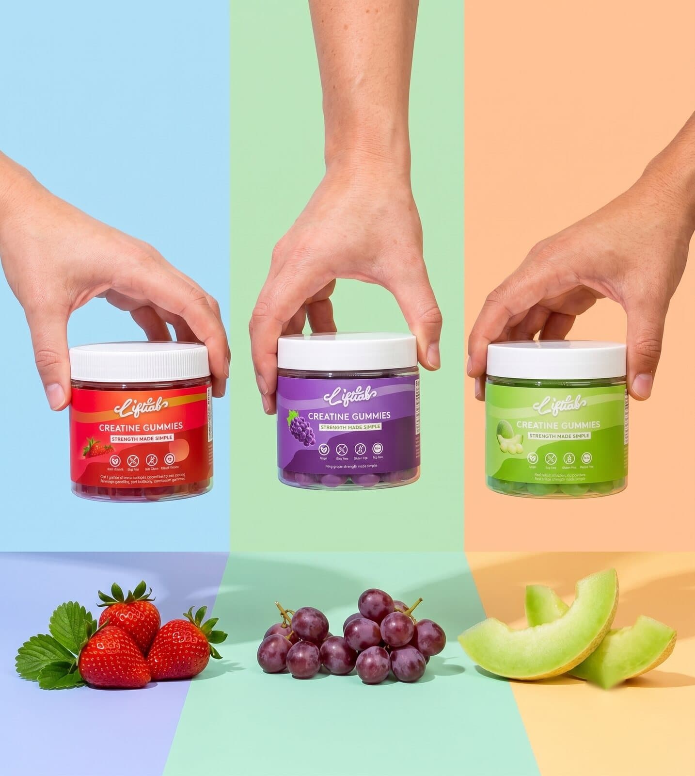 LiftLab creatine gummies in strawberry, grape, and cantaloupe flavors